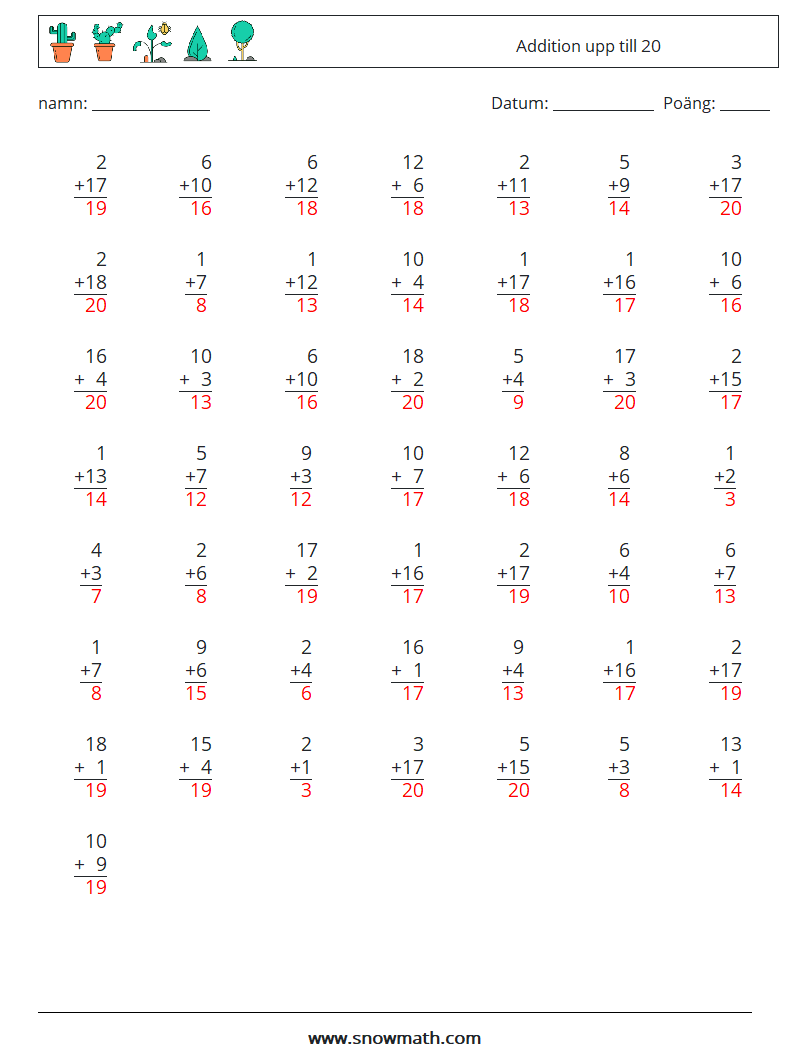 (50) Addition upp till 20 Matematiska arbetsblad 17 Fråga, svar