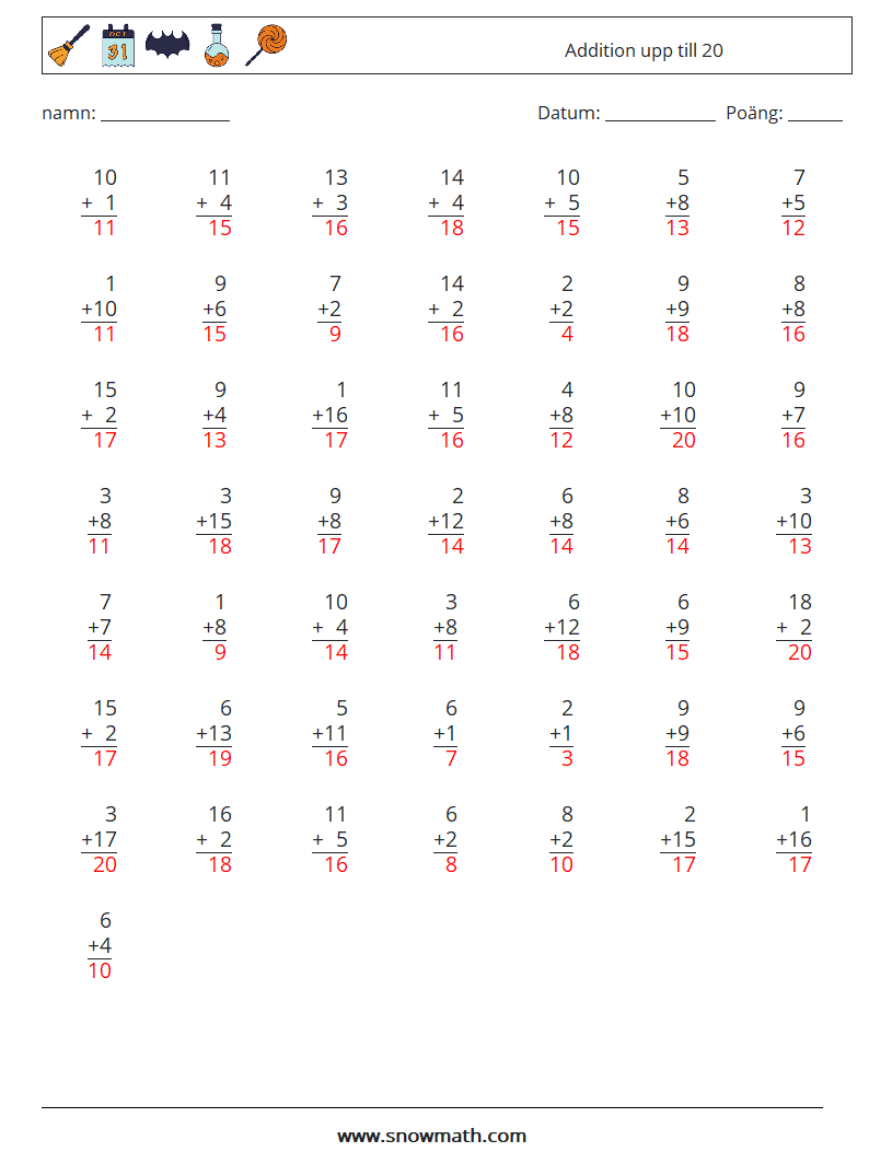 (50) Addition upp till 20 Matematiska arbetsblad 18 Fråga, svar