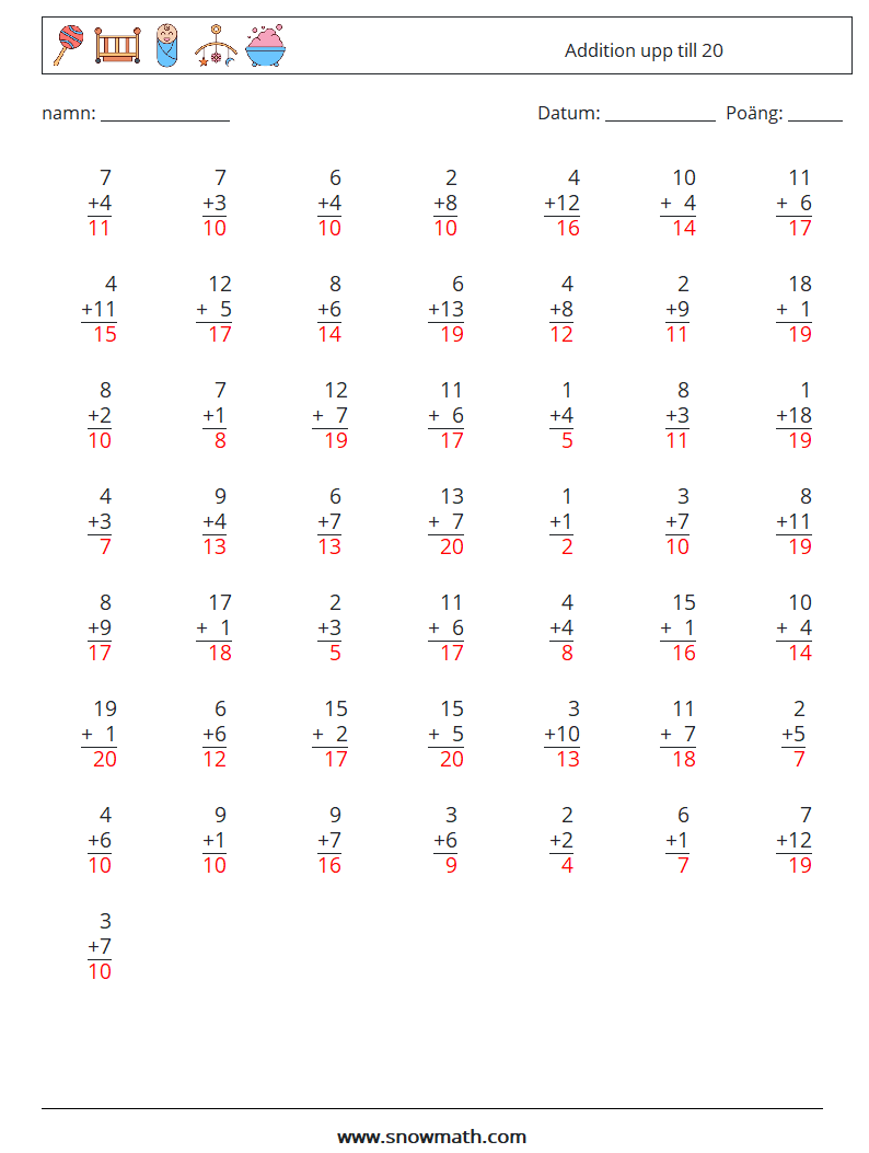 (50) Addition upp till 20 Matematiska arbetsblad 1 Fråga, svar