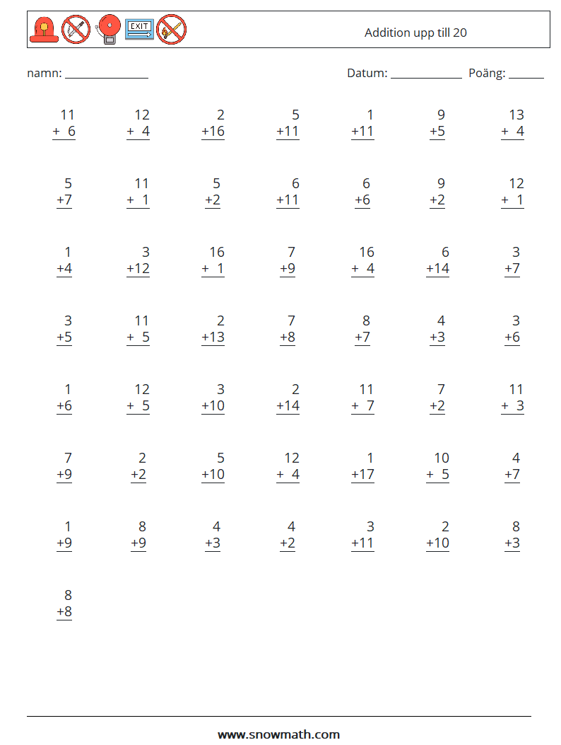 (50) Addition upp till 20 Matematiska arbetsblad 2