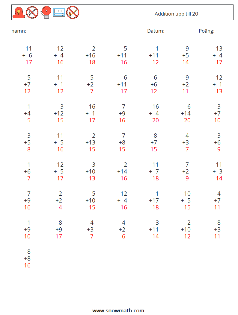 (50) Addition upp till 20 Matematiska arbetsblad 2 Fråga, svar
