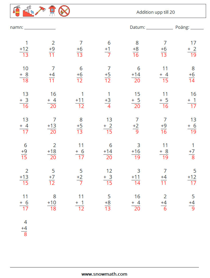 (50) Addition upp till 20 Matematiska arbetsblad 3 Fråga, svar