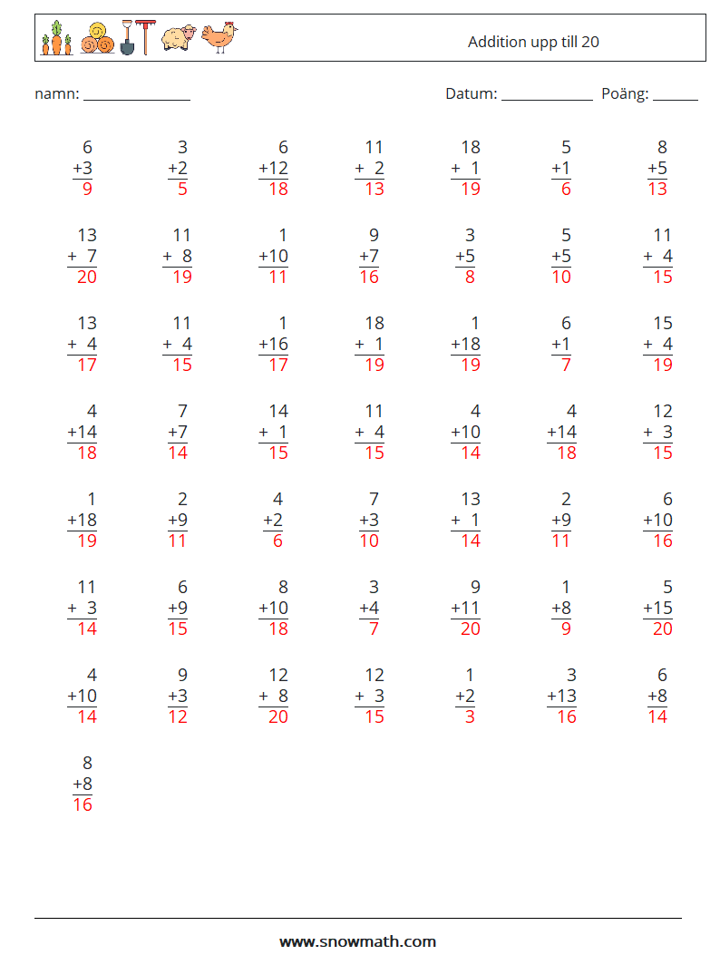 (50) Addition upp till 20 Matematiska arbetsblad 4 Fråga, svar