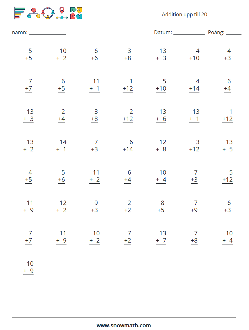 (50) Addition upp till 20 Matematiska arbetsblad 5