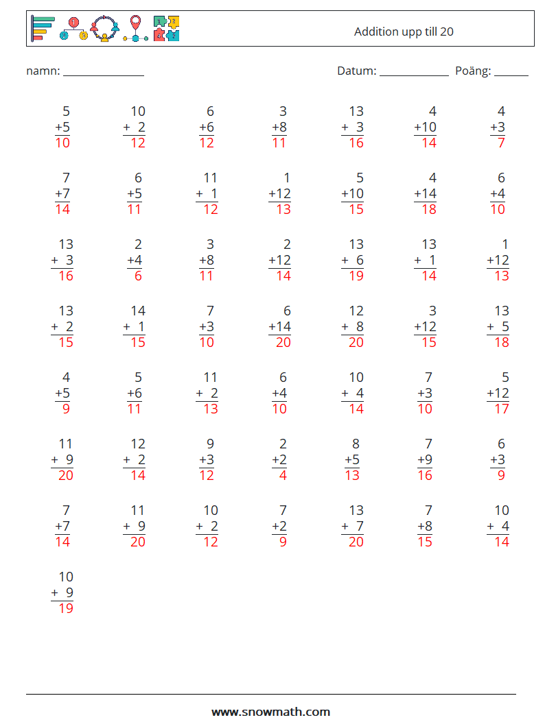 (50) Addition upp till 20 Matematiska arbetsblad 5 Fråga, svar
