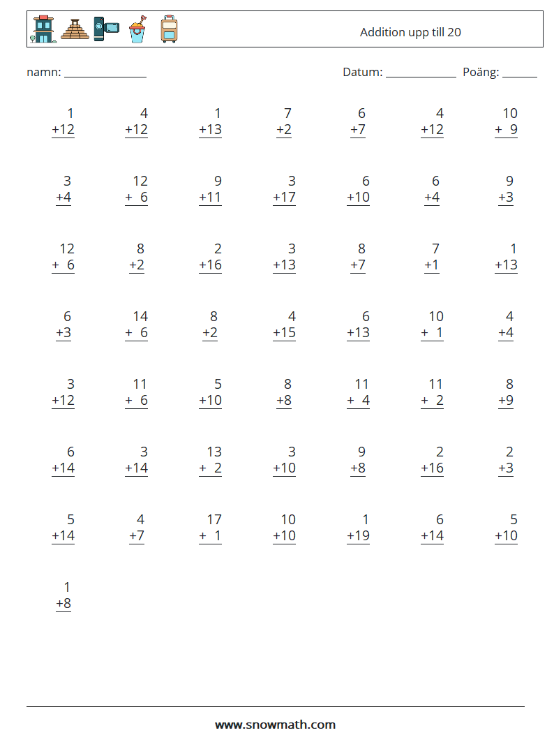 (50) Addition upp till 20 Matematiska arbetsblad 6