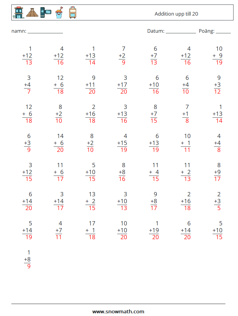 (50) Addition upp till 20 Matematiska arbetsblad 6 Fråga, svar