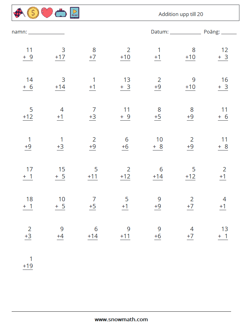 (50) Addition upp till 20 Matematiska arbetsblad 7