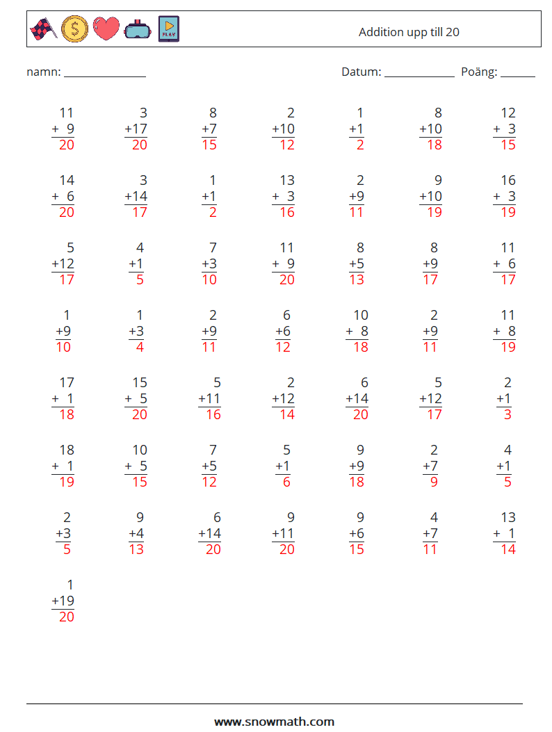 (50) Addition upp till 20 Matematiska arbetsblad 7 Fråga, svar