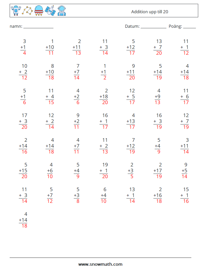 (50) Addition upp till 20 Matematiska arbetsblad 8 Fråga, svar