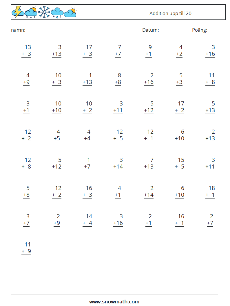 (50) Addition upp till 20 Matematiska arbetsblad 9