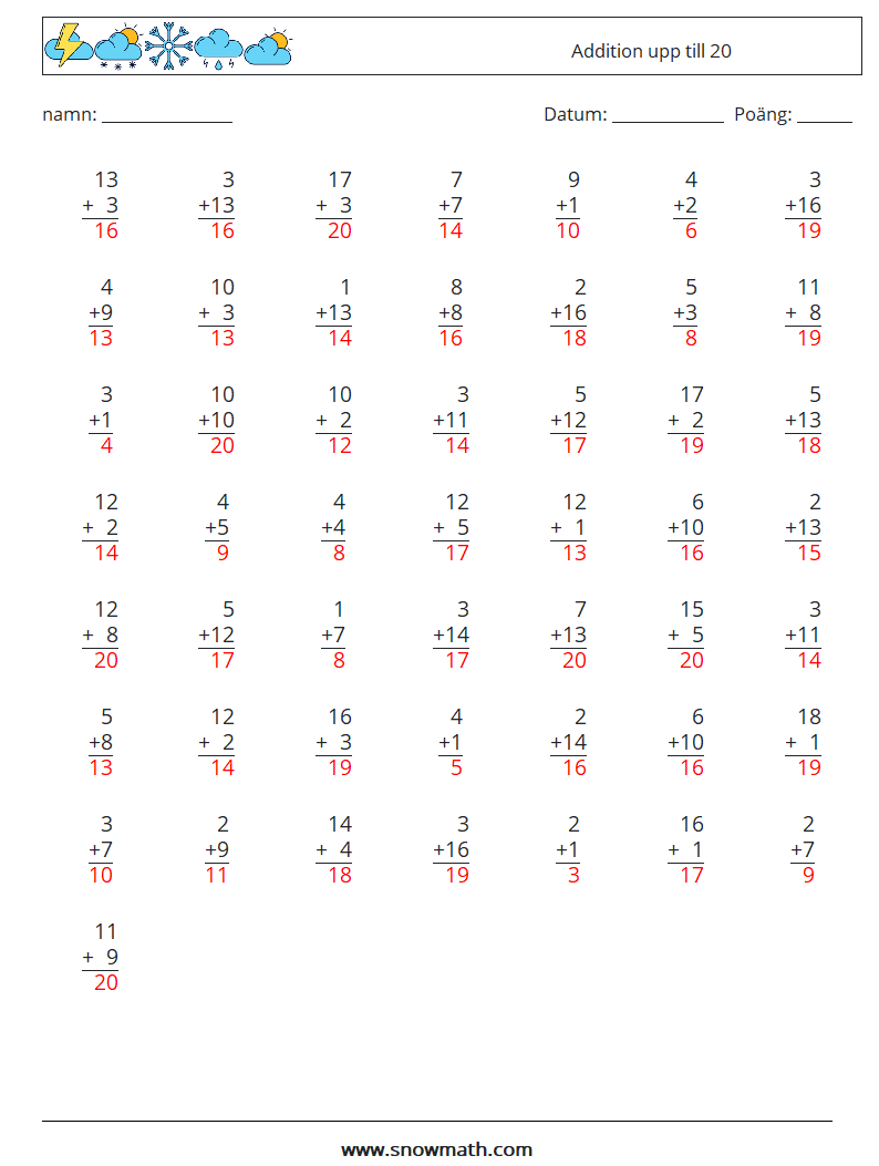 (50) Addition upp till 20 Matematiska arbetsblad 9 Fråga, svar