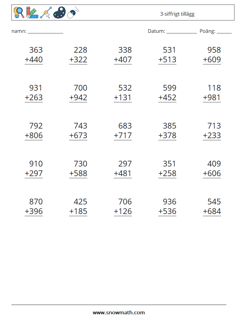 (25) 3-siffrigt tillägg Matematiska arbetsblad 10