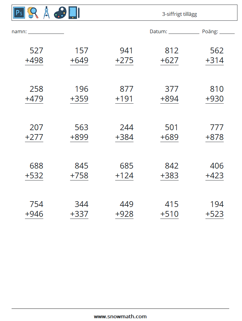 (25) 3-siffrigt tillägg Matematiska arbetsblad 11