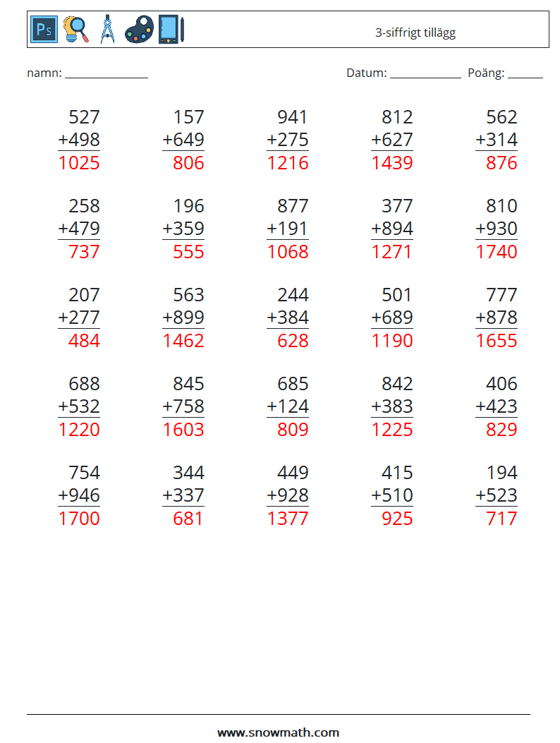 (25) 3-siffrigt tillägg Matematiska arbetsblad 11 Fråga, svar