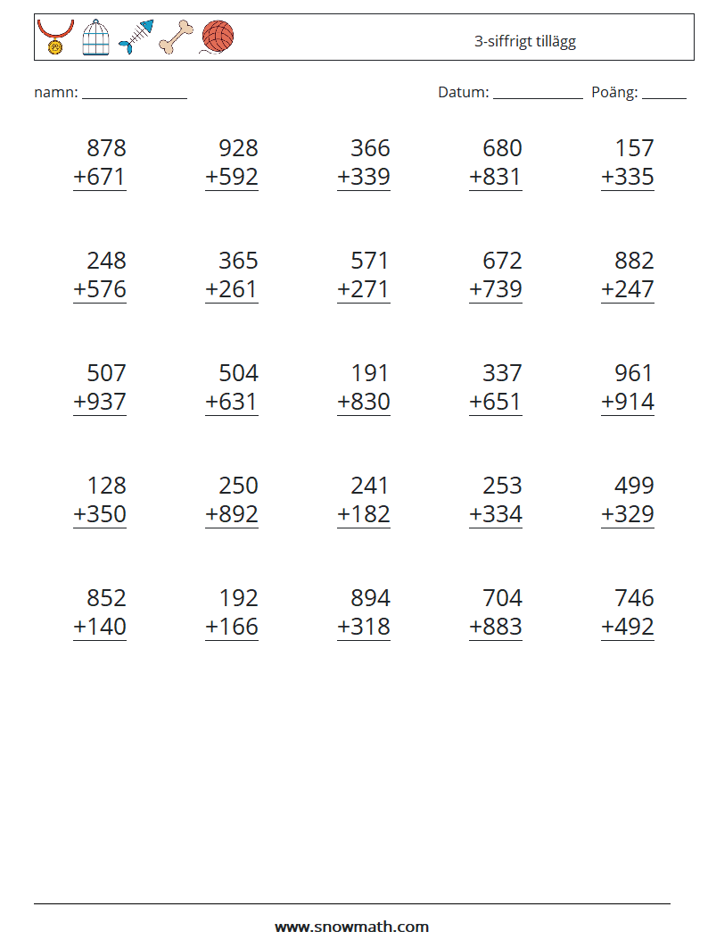 (25) 3-siffrigt tillägg Matematiska arbetsblad 12