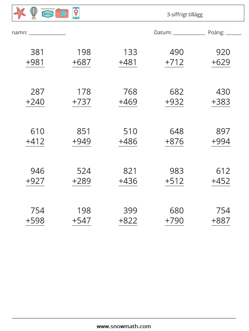 (25) 3-siffrigt tillägg Matematiska arbetsblad 13