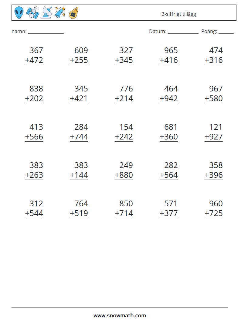 (25) 3-siffrigt tillägg Matematiska arbetsblad 14