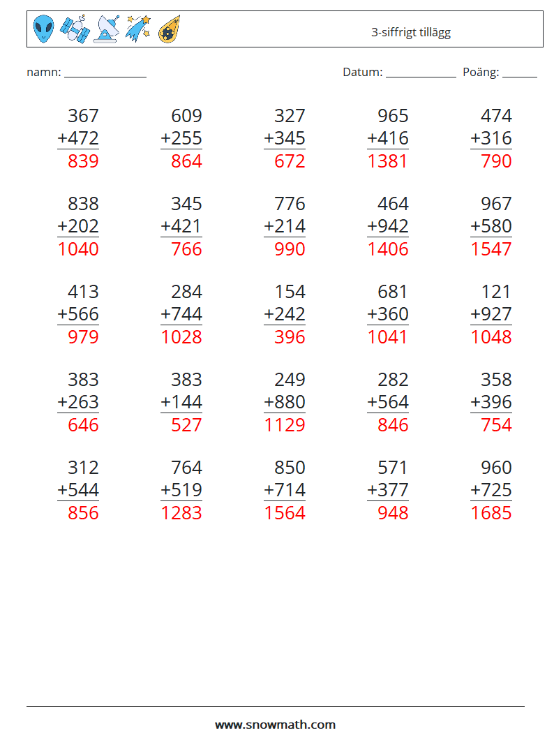 (25) 3-siffrigt tillägg Matematiska arbetsblad 14 Fråga, svar