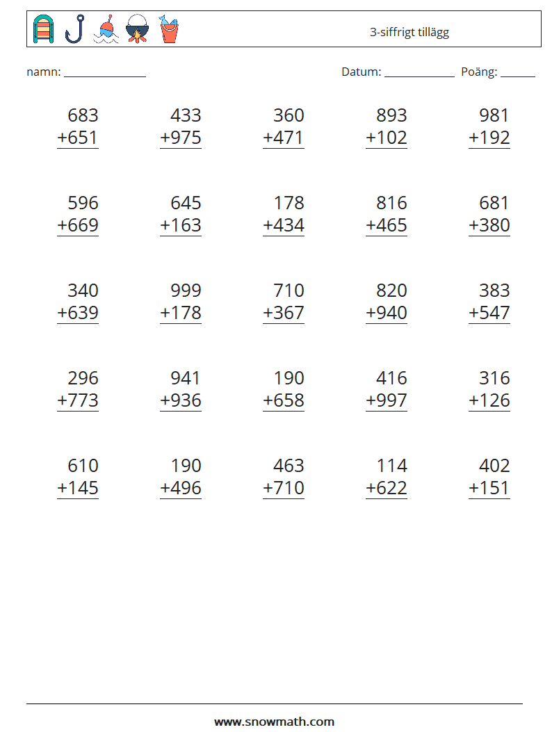 (25) 3-siffrigt tillägg Matematiska arbetsblad 15