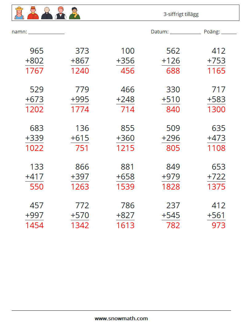 (25) 3-siffrigt tillägg Matematiska arbetsblad 16 Fråga, svar