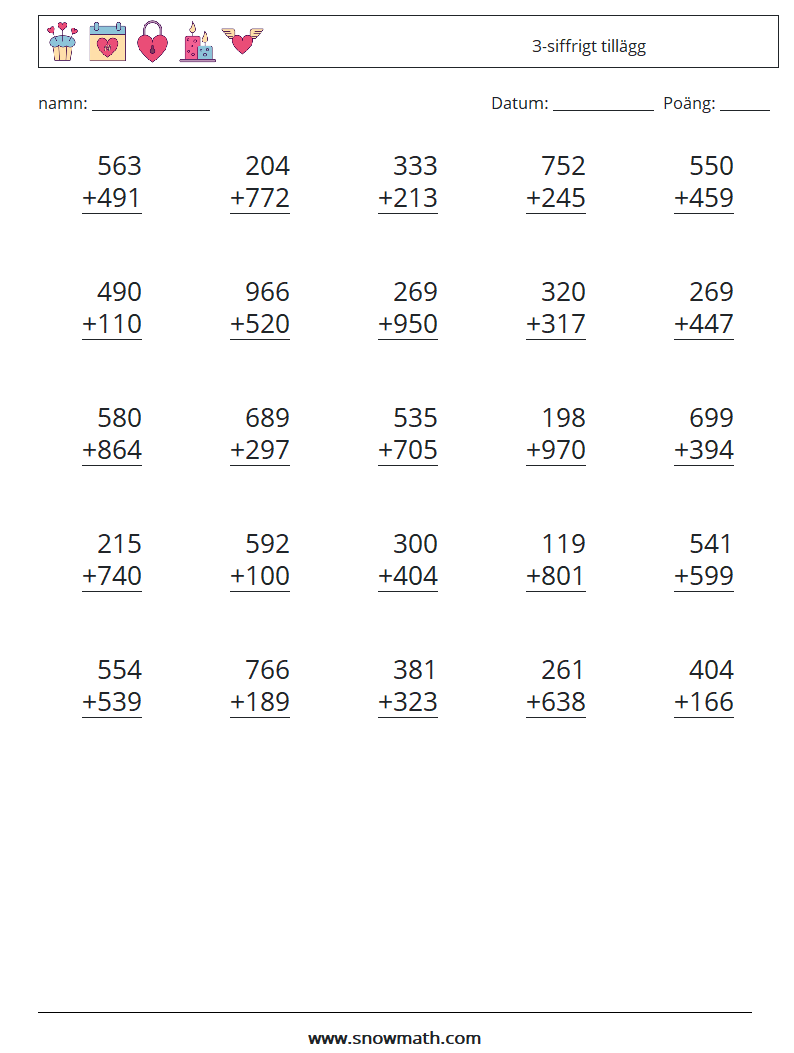 (25) 3-siffrigt tillägg Matematiska arbetsblad 17