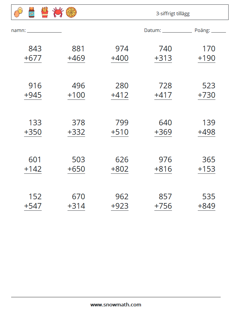 (25) 3-siffrigt tillägg Matematiska arbetsblad 18