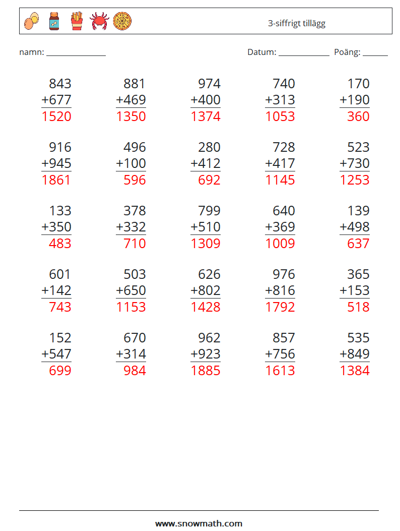 (25) 3-siffrigt tillägg Matematiska arbetsblad 18 Fråga, svar