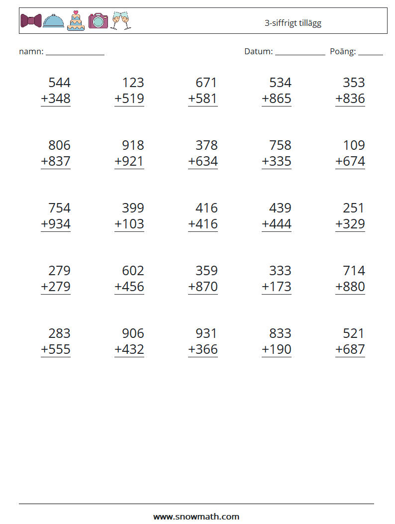 (25) 3-siffrigt tillägg Matematiska arbetsblad 2