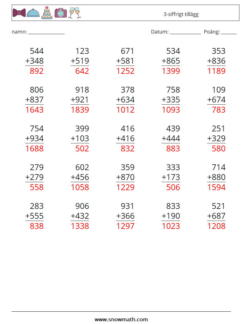 (25) 3-siffrigt tillägg Matematiska arbetsblad 2 Fråga, svar