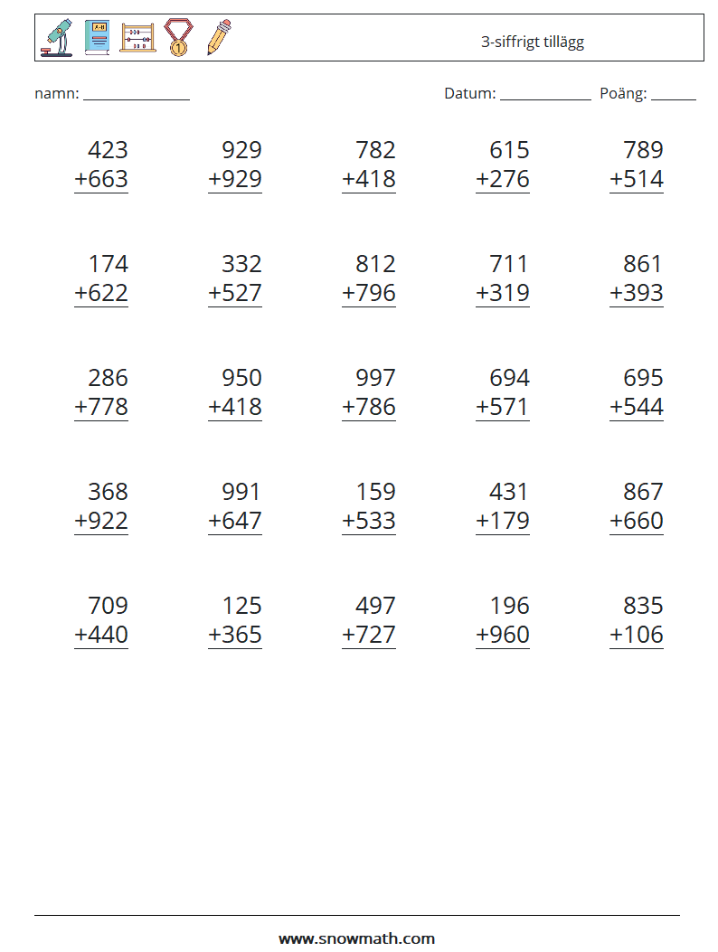 (25) 3-siffrigt tillägg Matematiska arbetsblad 3