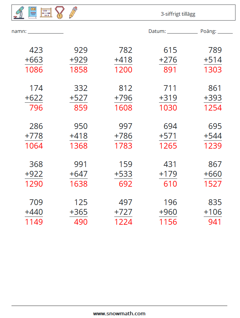 (25) 3-siffrigt tillägg Matematiska arbetsblad 3 Fråga, svar