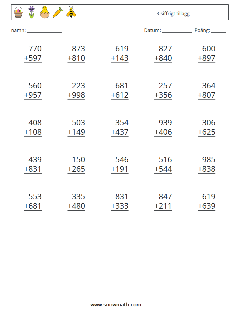 (25) 3-siffrigt tillägg Matematiska arbetsblad 4