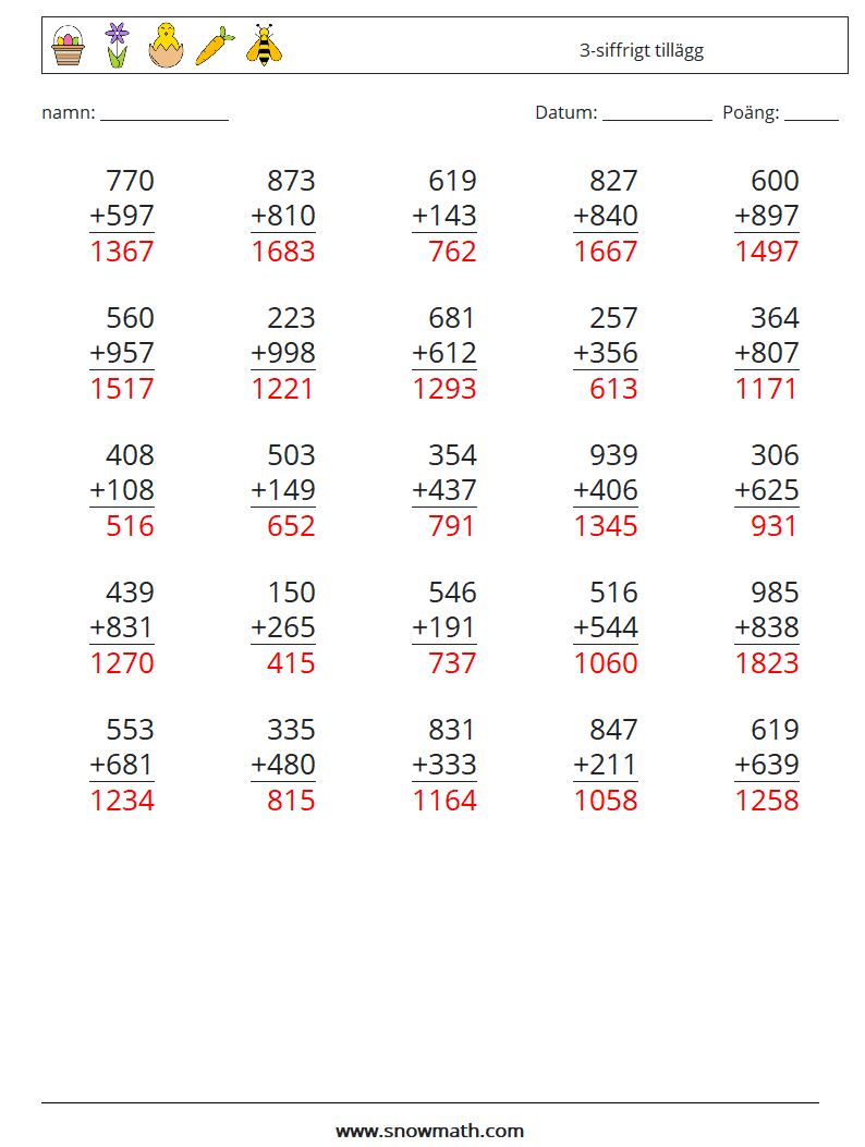 (25) 3-siffrigt tillägg Matematiska arbetsblad 4 Fråga, svar