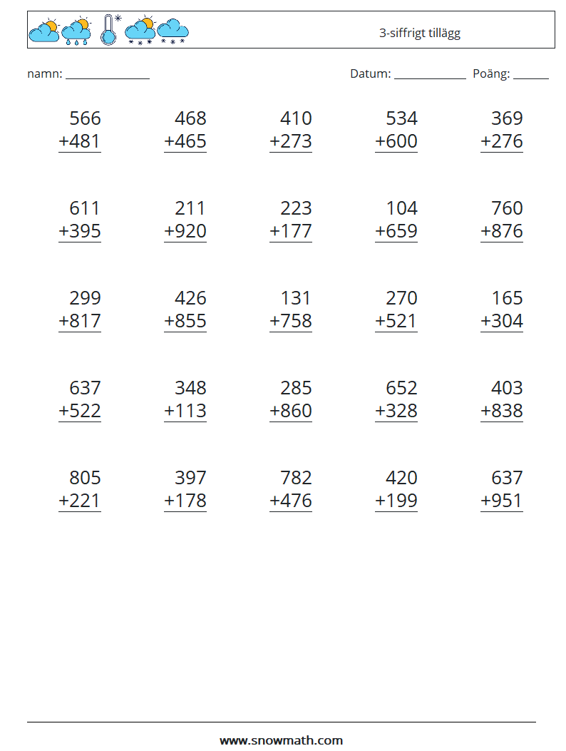 (25) 3-siffrigt tillägg Matematiska arbetsblad 5