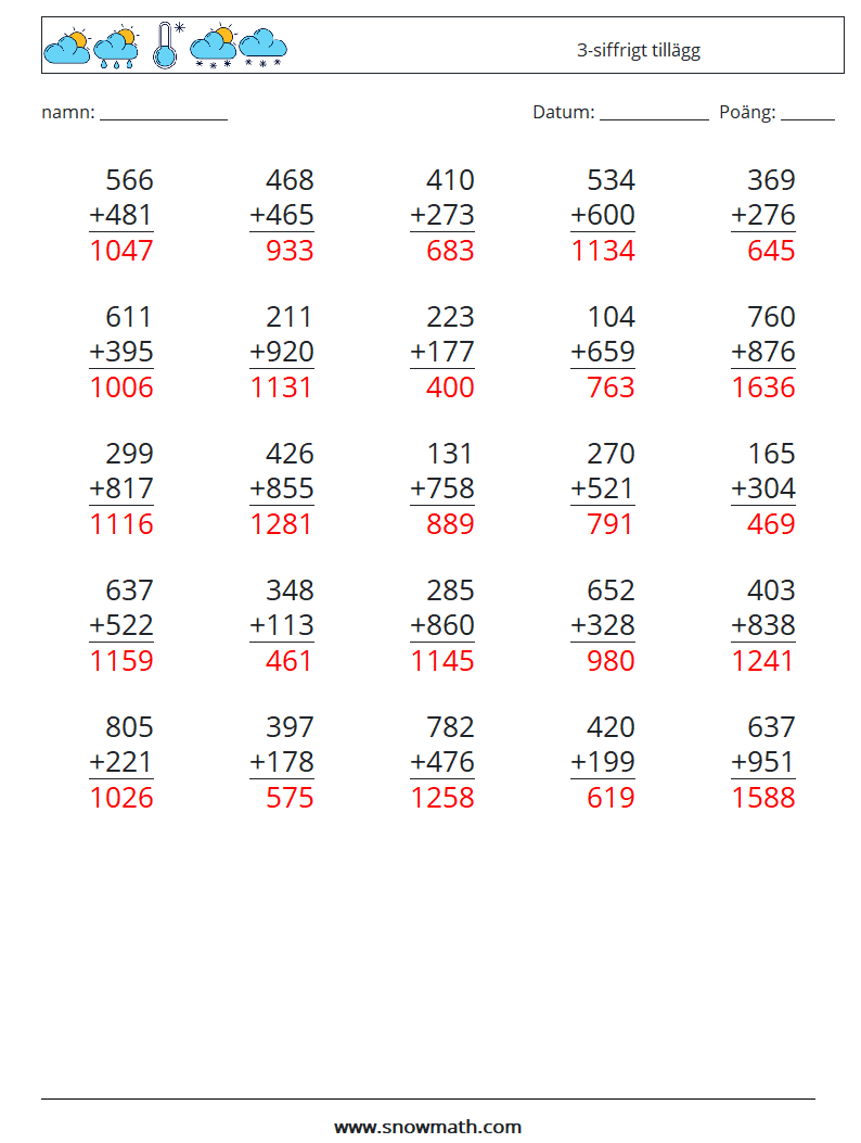 (25) 3-siffrigt tillägg Matematiska arbetsblad 5 Fråga, svar