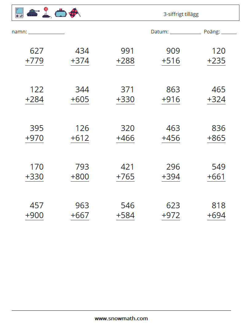 (25) 3-siffrigt tillägg Matematiska arbetsblad 6