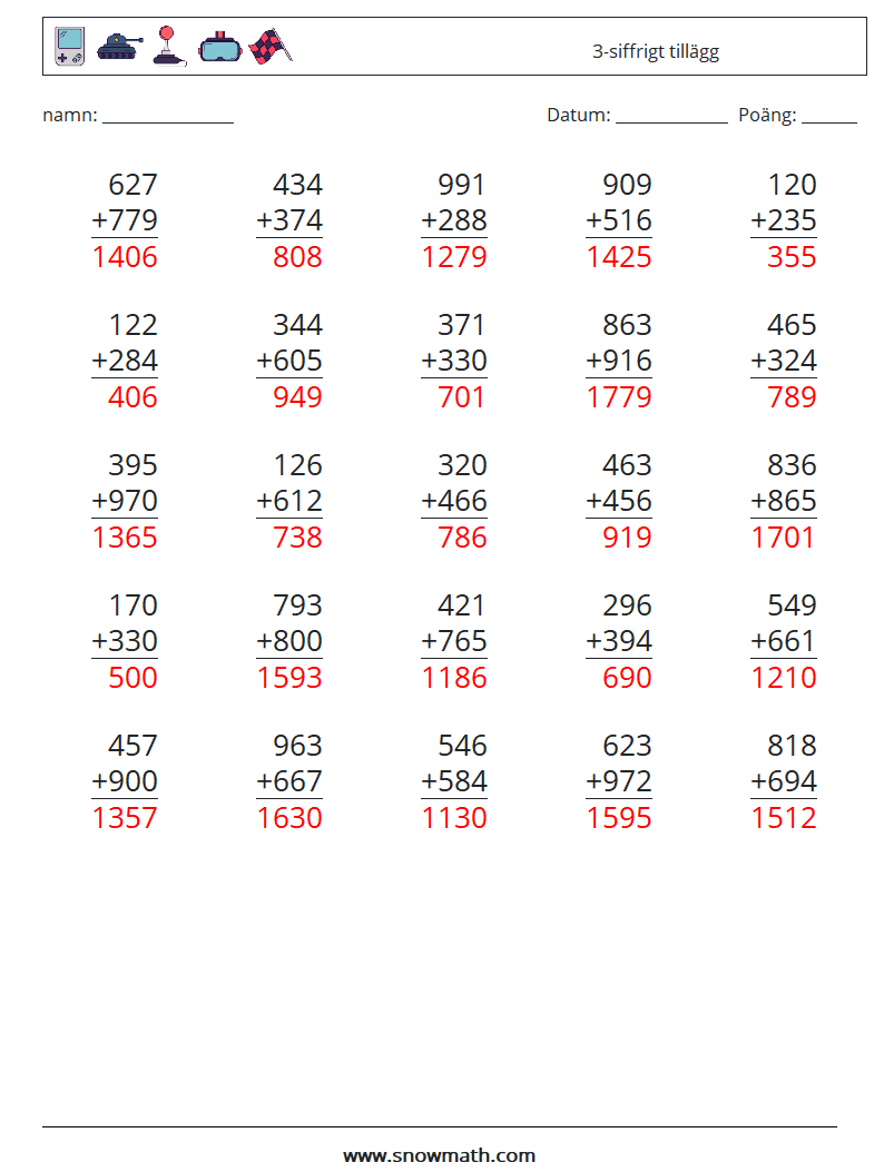 (25) 3-siffrigt tillägg Matematiska arbetsblad 6 Fråga, svar