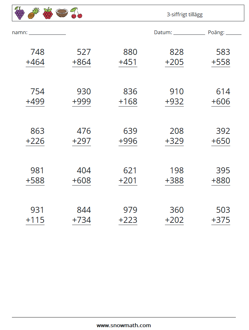 (25) 3-siffrigt tillägg Matematiska arbetsblad 7