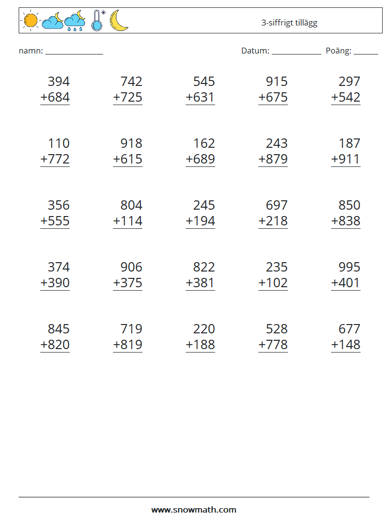 (25) 3-siffrigt tillägg Matematiska arbetsblad 8