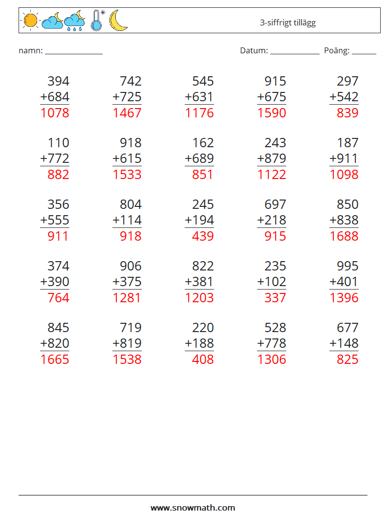 (25) 3-siffrigt tillägg Matematiska arbetsblad 8 Fråga, svar