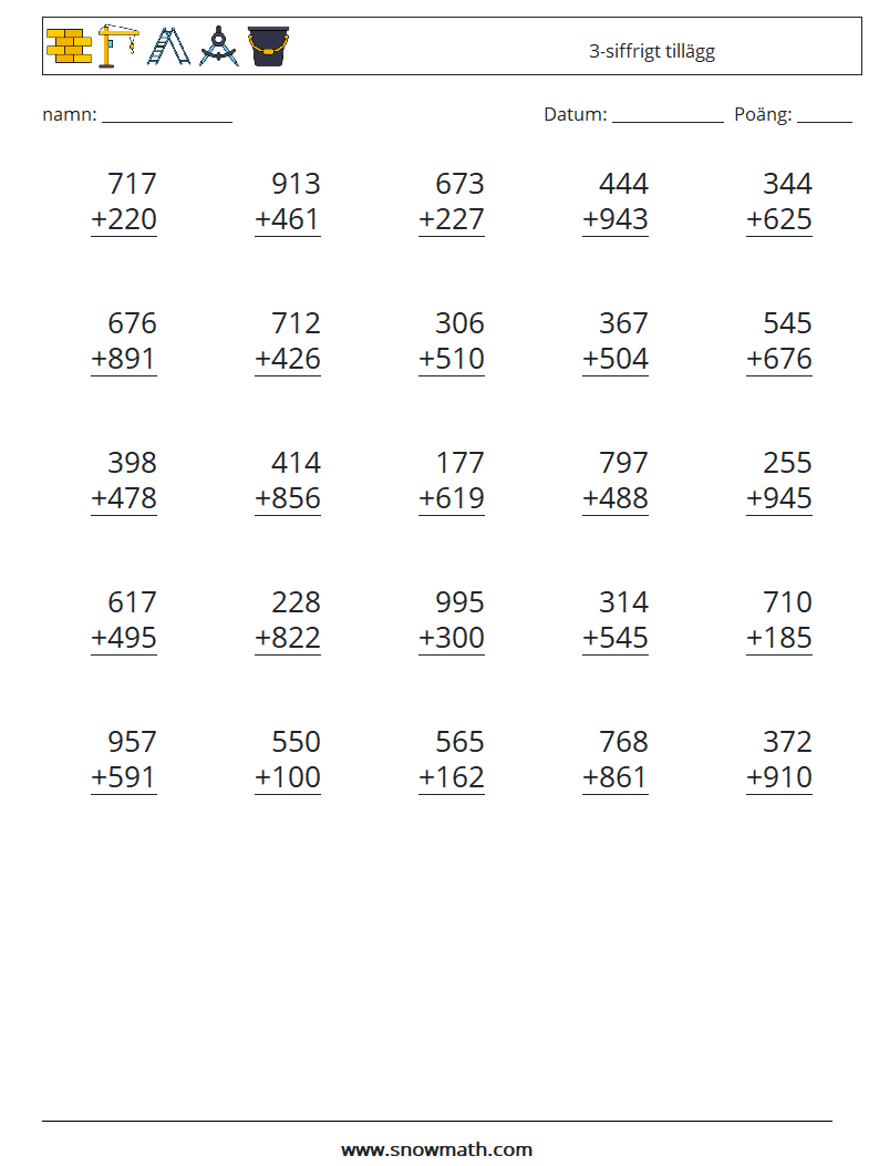 (25) 3-siffrigt tillägg Matematiska arbetsblad 9