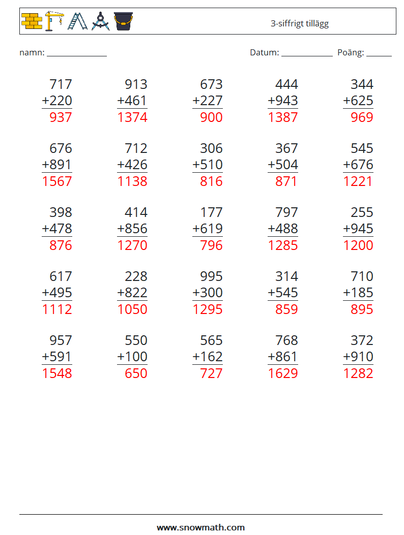 (25) 3-siffrigt tillägg Matematiska arbetsblad 9 Fråga, svar