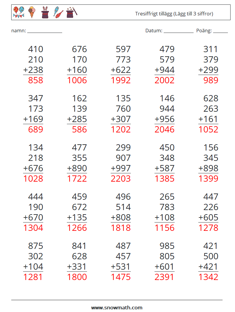 (25) Tresiffrigt tillägg (Lägg till 3 siffror) Matematiska arbetsblad 10 Fråga, svar