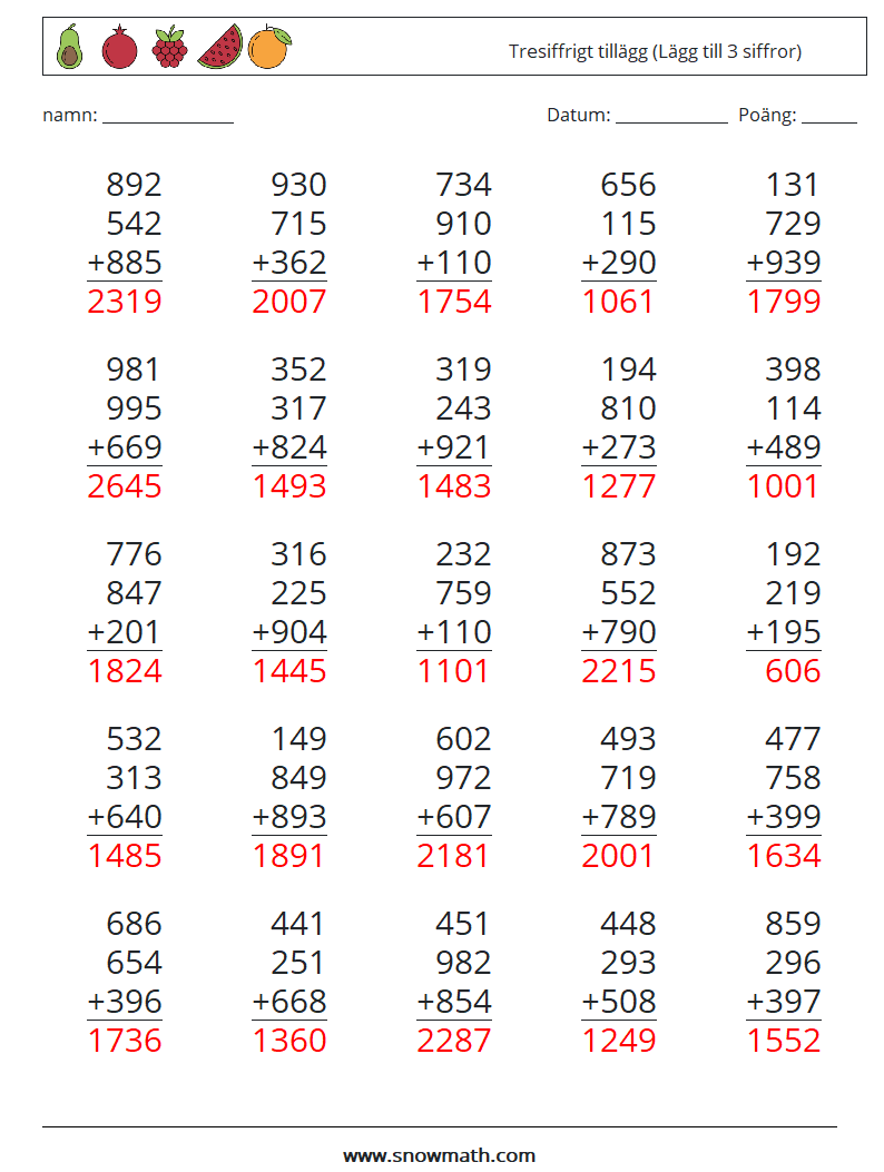 (25) Tresiffrigt tillägg (Lägg till 3 siffror) Matematiska arbetsblad 11 Fråga, svar