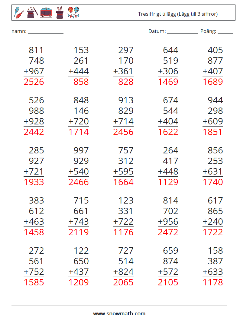 (25) Tresiffrigt tillägg (Lägg till 3 siffror) Matematiska arbetsblad 12 Fråga, svar