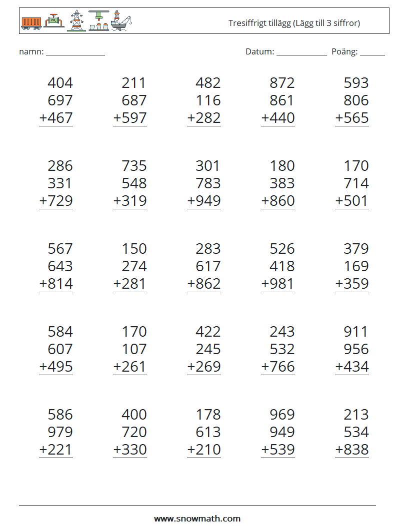 (25) Tresiffrigt tillägg (Lägg till 3 siffror) Matematiska arbetsblad 15