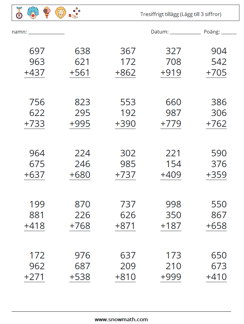 (25) Tresiffrigt tillägg (Lägg till 3 siffror) Matematiska arbetsblad 17
