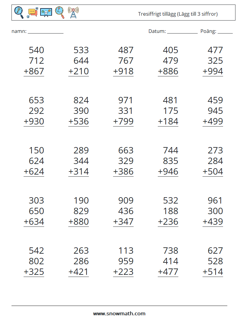 (25) Tresiffrigt tillägg (Lägg till 3 siffror) Matematiska arbetsblad 18