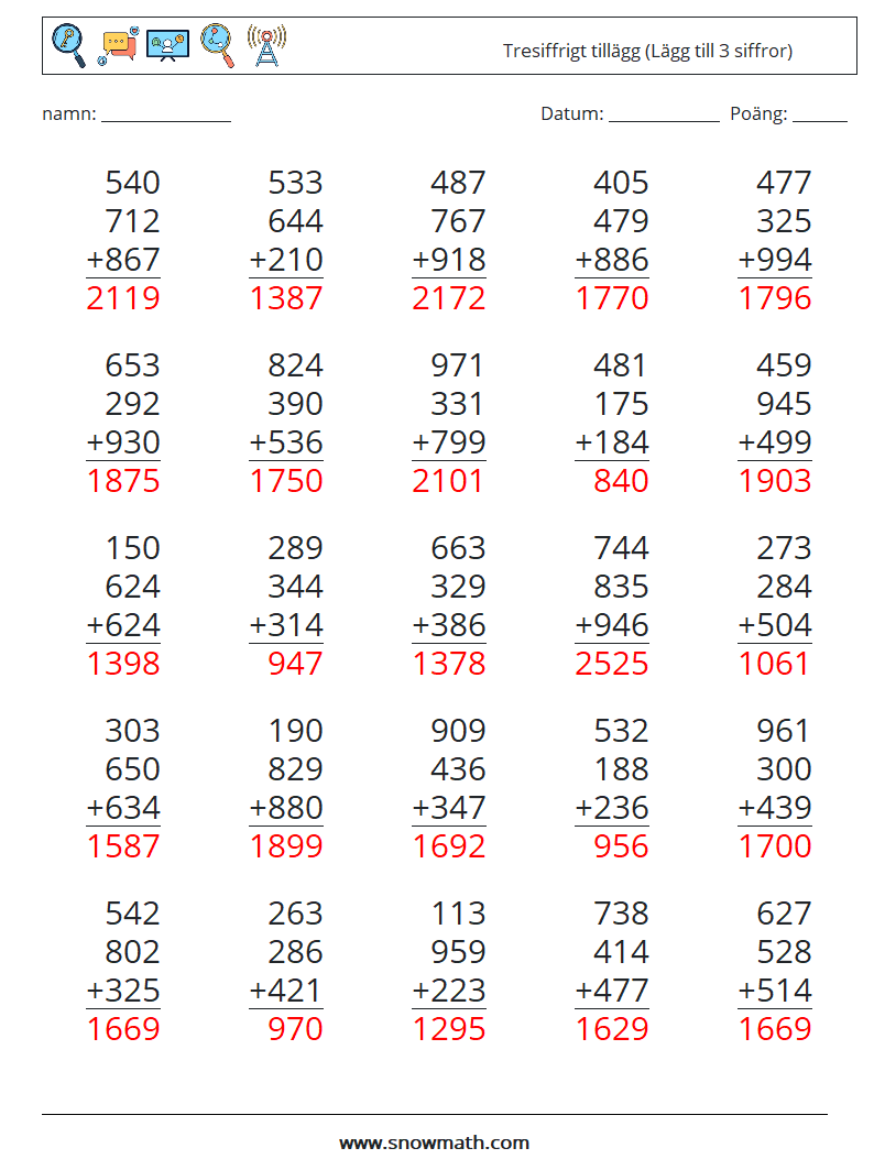 (25) Tresiffrigt tillägg (Lägg till 3 siffror) Matematiska arbetsblad 18 Fråga, svar